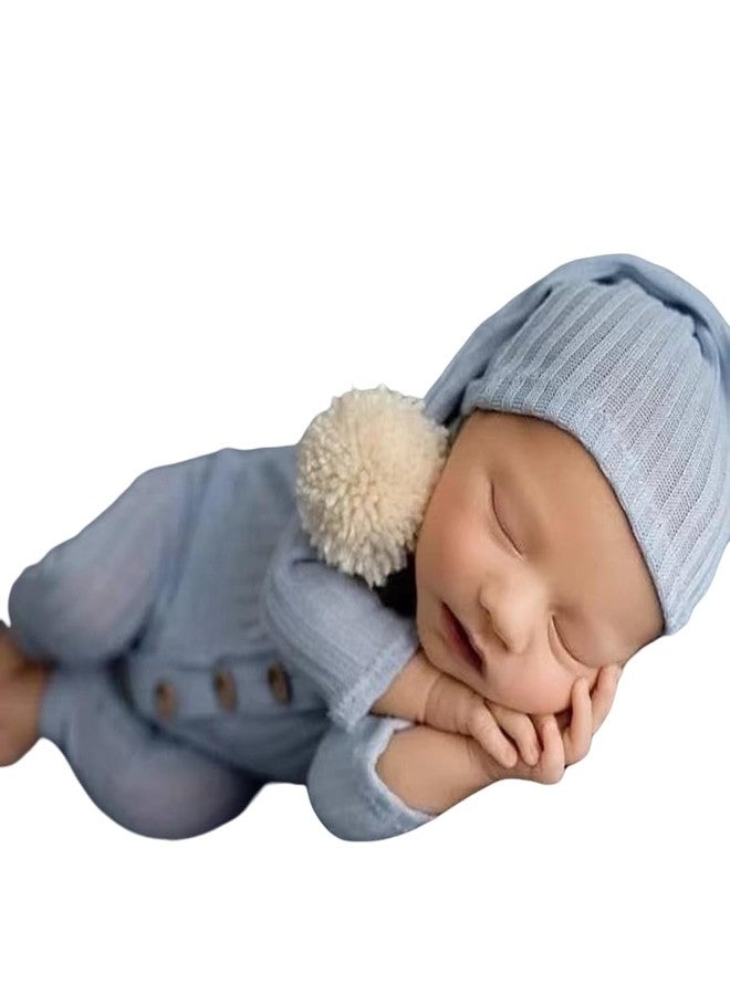 Vedory Newborn Baby Photo Shoot Props Girl Boy Crochet Knit Hat Costume Stripe Hat Pants Overalls Photography Props (Baby blue) - Image 1